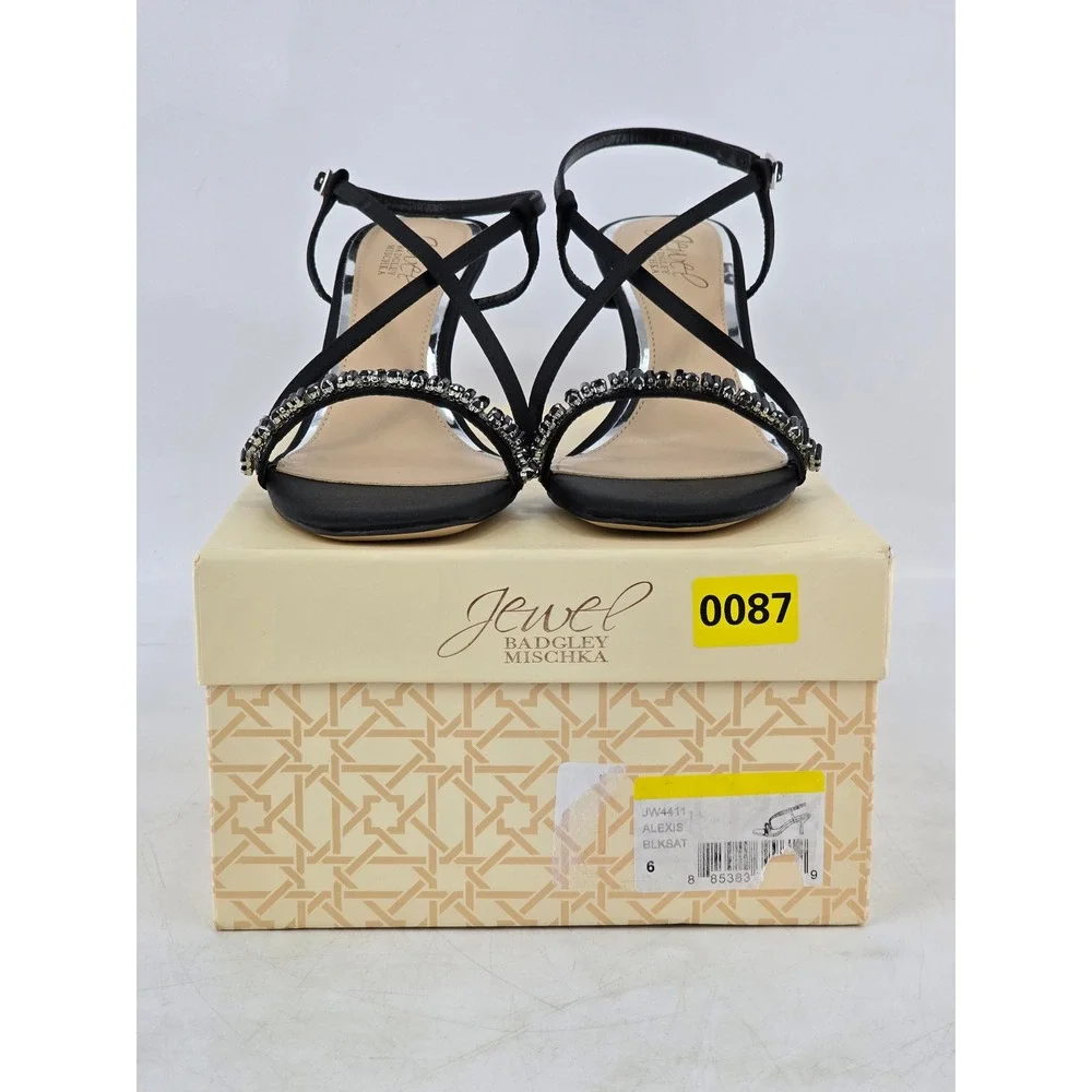 Jewel Badgley Mischka Alexis Sandals Womens 6 Black Satin Embellished NEW
